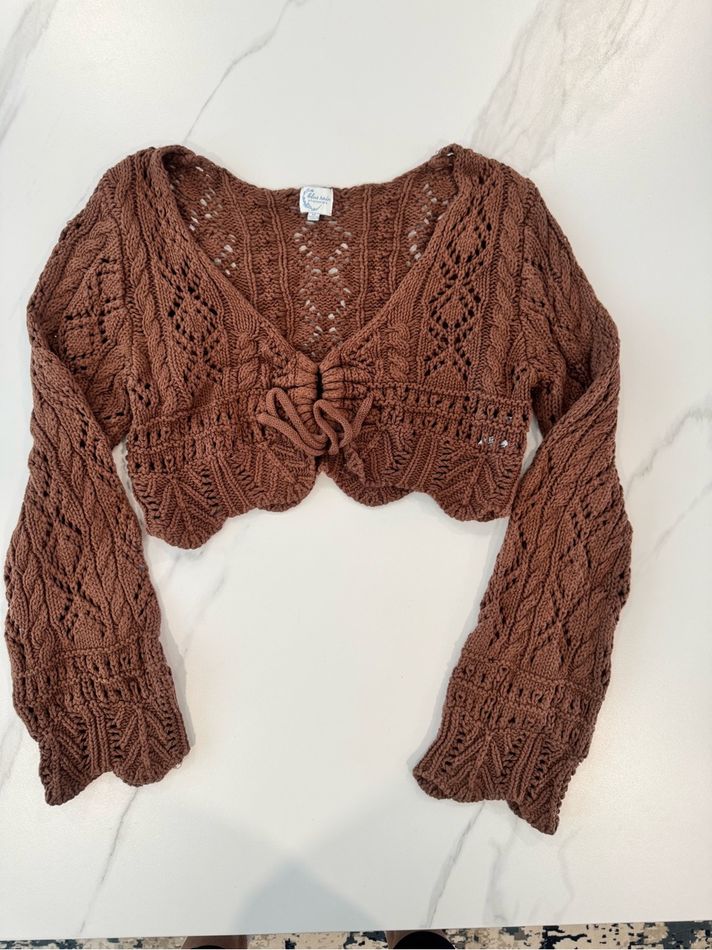 Blue Rain Brown Crochet Tie-Front Crop Top
